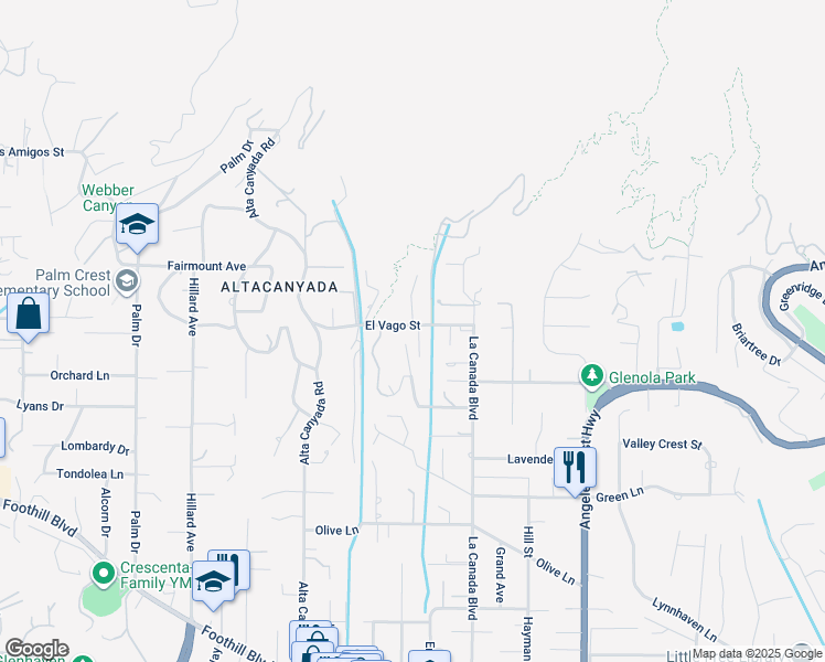 map of restaurants, bars, coffee shops, grocery stores, and more near 1306 El Vago Street in La Cañada Flintridge