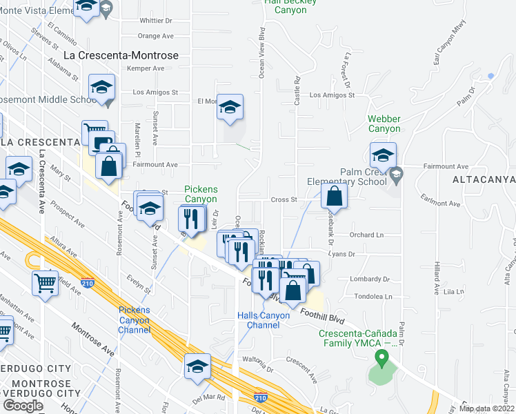 map of restaurants, bars, coffee shops, grocery stores, and more near 4723 Rockland Place in La Cañada Flintridge