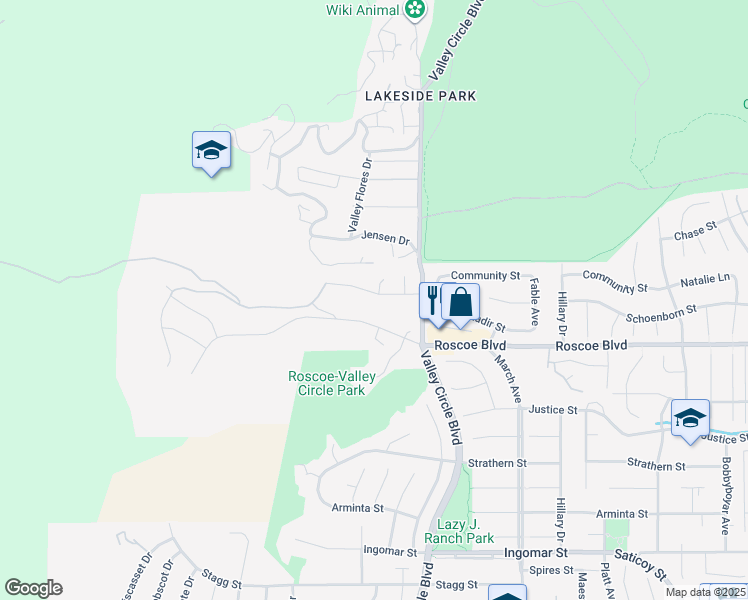 map of restaurants, bars, coffee shops, grocery stores, and more near 23942 Schoenborn Street in Los Angeles