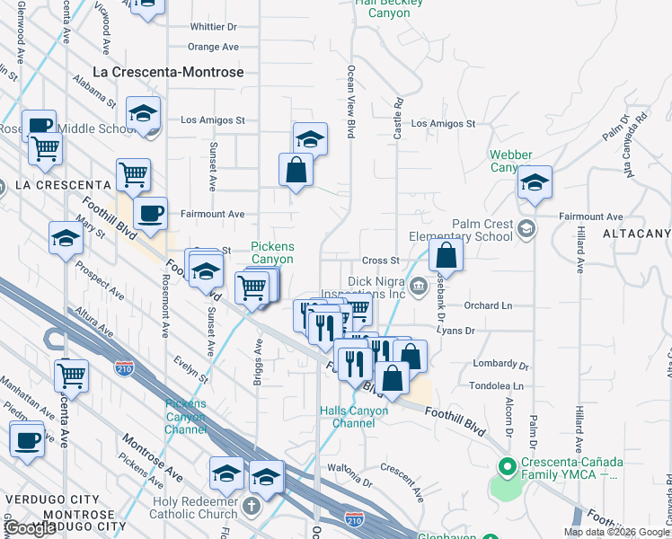 map of restaurants, bars, coffee shops, grocery stores, and more near 4725 Cypress Street in La Cañada Flintridge