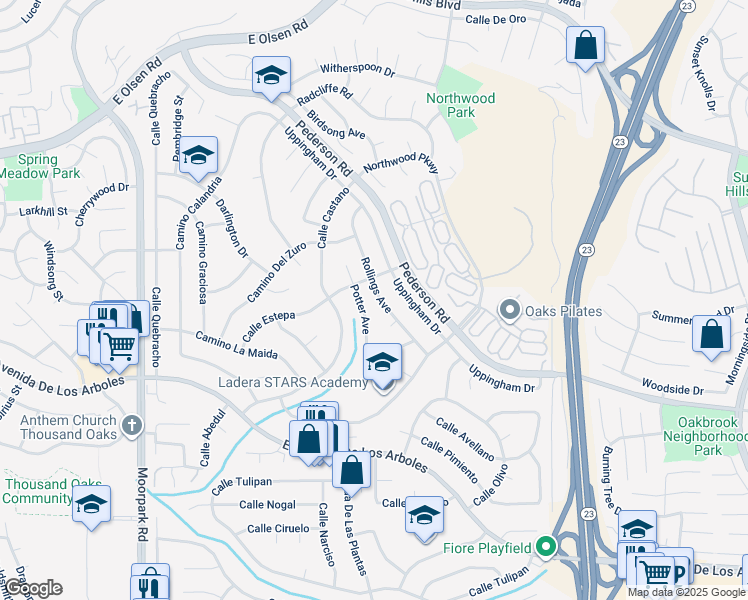 map of restaurants, bars, coffee shops, grocery stores, and more near 3061 Rollings Avenue in Thousand Oaks