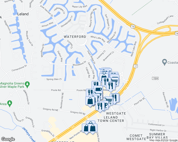 map of restaurants, bars, coffee shops, grocery stores, and more near 1010 Tidings Road in Leland