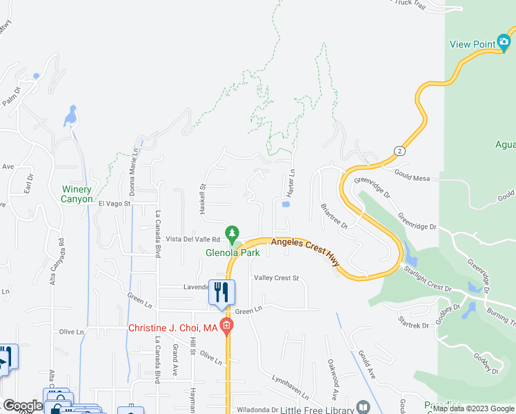 map of restaurants, bars, coffee shops, grocery stores, and more near 5253 Vista Lejana Lane in La Cañada Flintridge