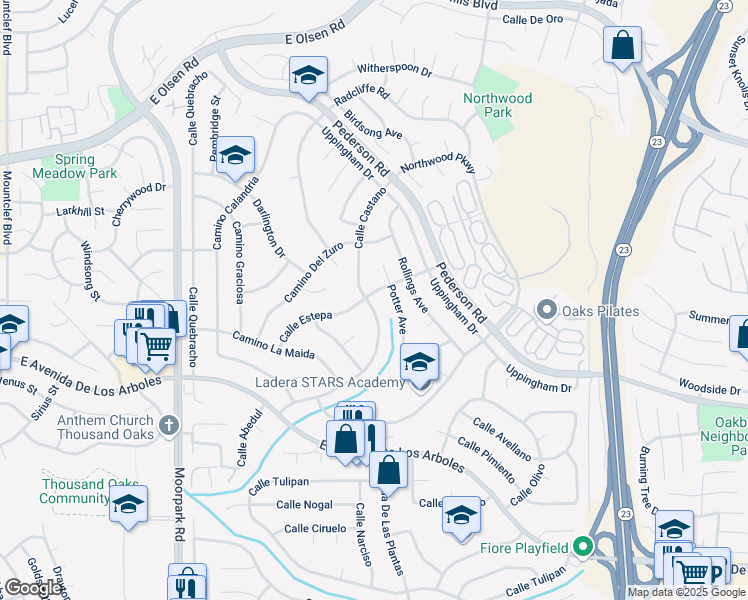 map of restaurants, bars, coffee shops, grocery stores, and more near 3138 Calle Estepa in Thousand Oaks