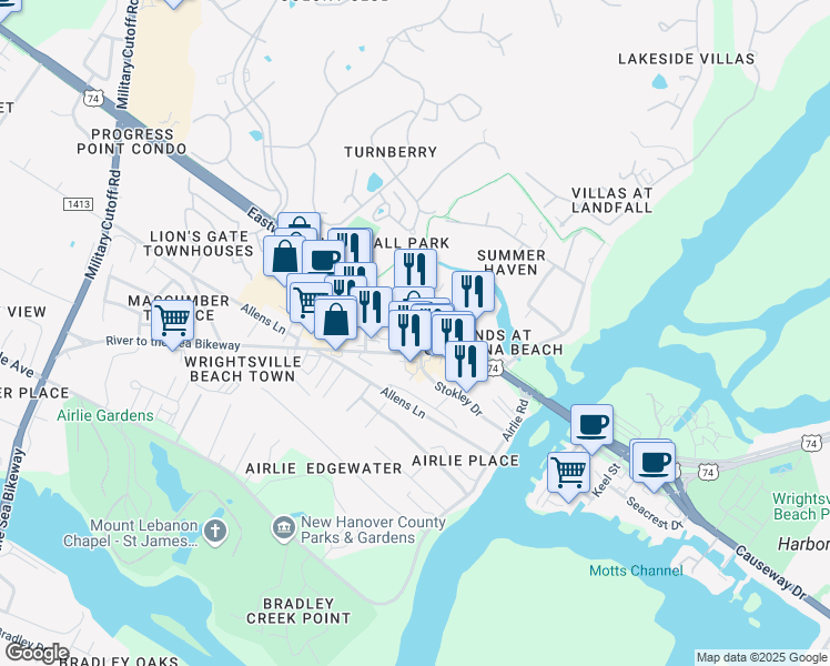 map of restaurants, bars, coffee shops, grocery stores, and more near 2026 Eastwood Road in Wilmington