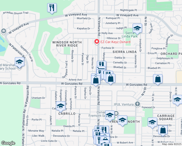 map of restaurants, bars, coffee shops, grocery stores, and more near 1965 Norma Street in Oxnard