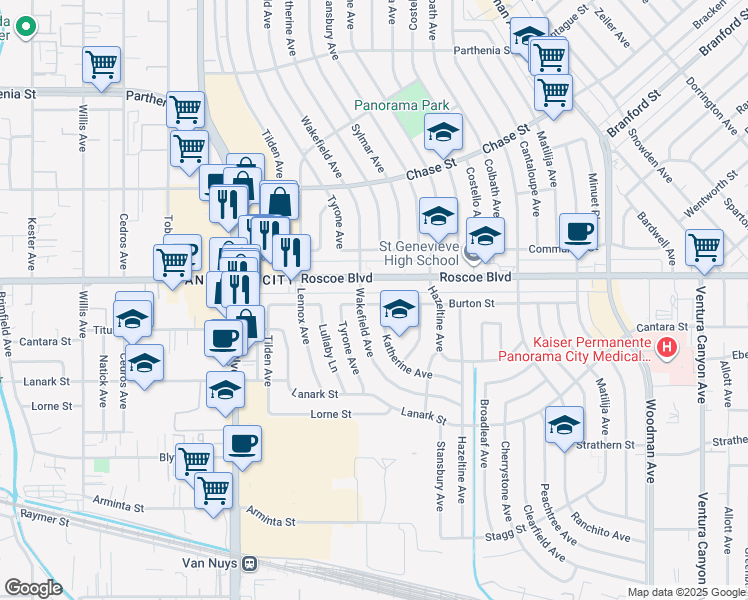 map of restaurants, bars, coffee shops, grocery stores, and more near 14205 Burton Street in Los Angeles