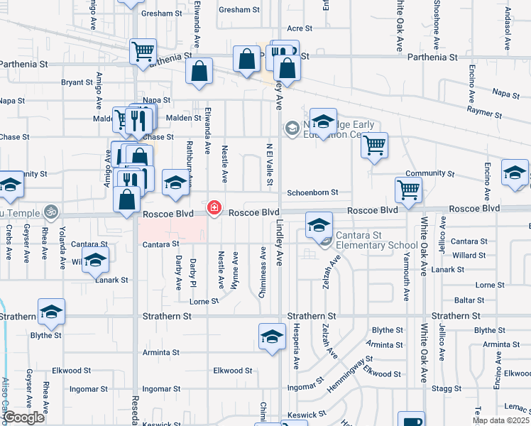 map of restaurants, bars, coffee shops, grocery stores, and more near 18121 Roscoe Boulevard in Los Angeles