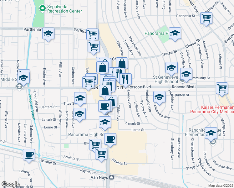 map of restaurants, bars, coffee shops, grocery stores, and more near 14417 Burton Street in Los Angeles