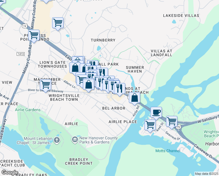 map of restaurants, bars, coffee shops, grocery stores, and more near 2026 Eastwood Road in Wilmington