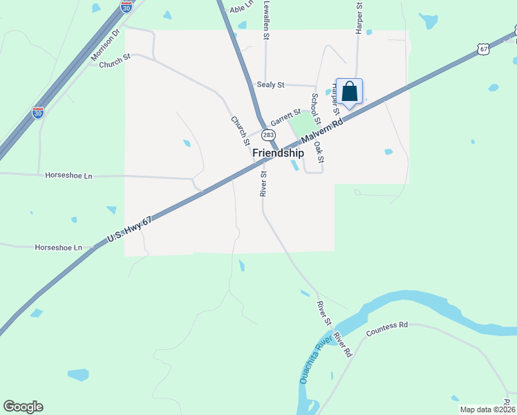 map of restaurants, bars, coffee shops, grocery stores, and more near 190 River Street in Arkadelphia