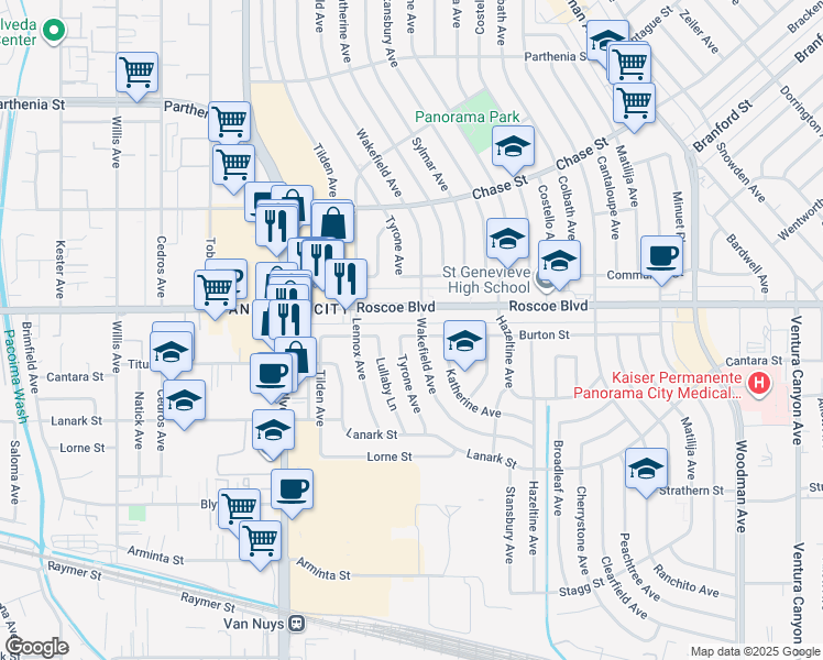 map of restaurants, bars, coffee shops, grocery stores, and more near 14235 Burton Street in Los Angeles