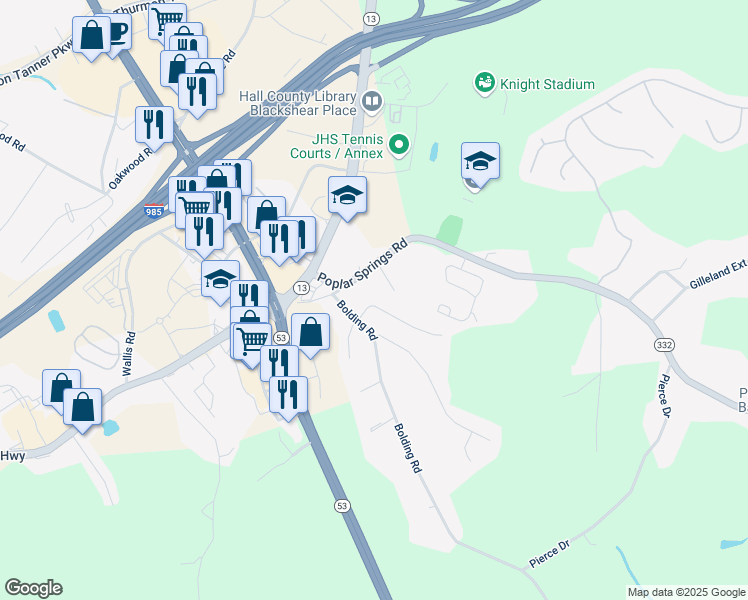 map of restaurants, bars, coffee shops, grocery stores, and more near 3220 Poplar Springs Road in Gainesville