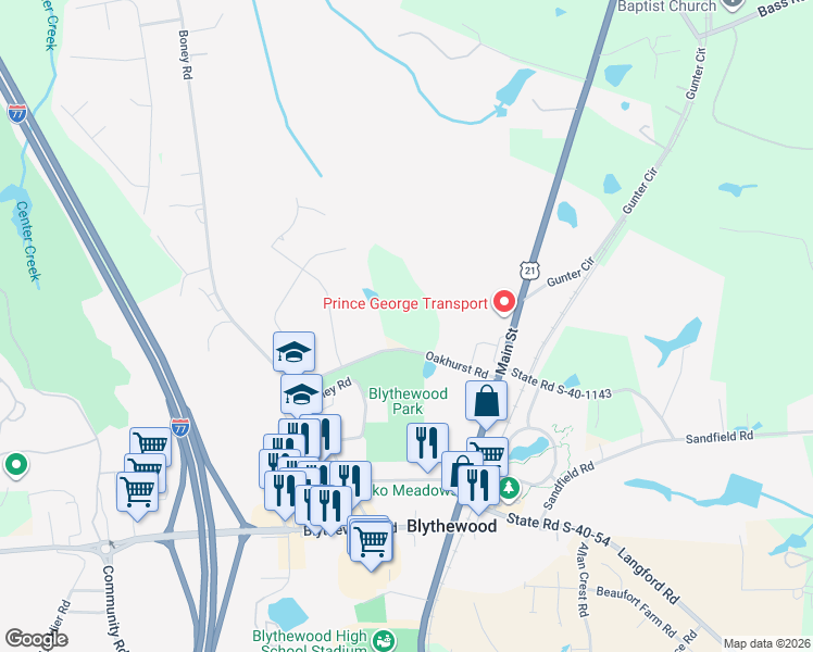 map of restaurants, bars, coffee shops, grocery stores, and more near 200 Oakhurst Road in Blythewood