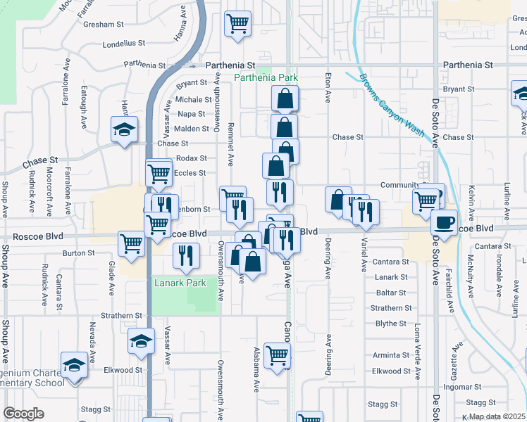 map of restaurants, bars, coffee shops, grocery stores, and more near 21510 Schoenborn Street in Los Angeles