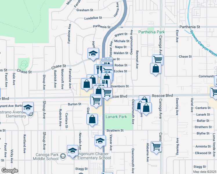 map of restaurants, bars, coffee shops, grocery stores, and more near 21924 Schoenborn Street in Los Angeles