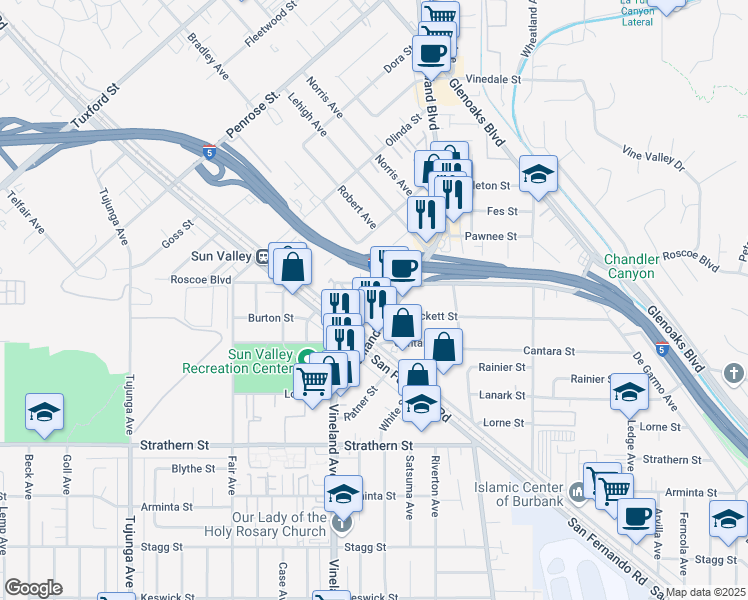map of restaurants, bars, coffee shops, grocery stores, and more near 10923 Crockett Street in Los Angeles