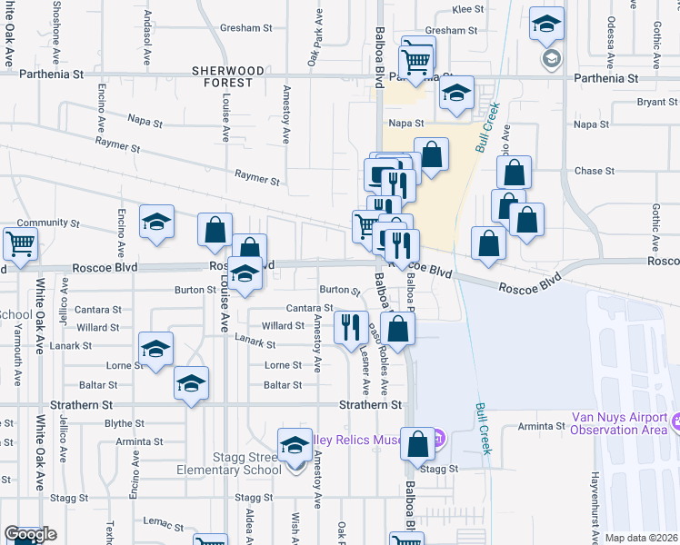 map of restaurants, bars, coffee shops, grocery stores, and more near 17046 Roscoe Boulevard in Los Angeles
