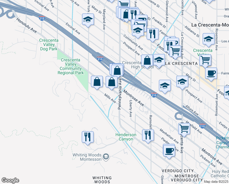 map of restaurants, bars, coffee shops, grocery stores, and more near 3216 Honolulu Avenue in Glendale