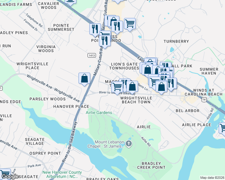 map of restaurants, bars, coffee shops, grocery stores, and more near 6743 Cable Car Lane in Wilmington