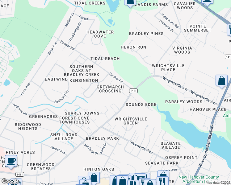 map of restaurants, bars, coffee shops, grocery stores, and more near 1406-1408 Old Lamplighter Way in Wilmington