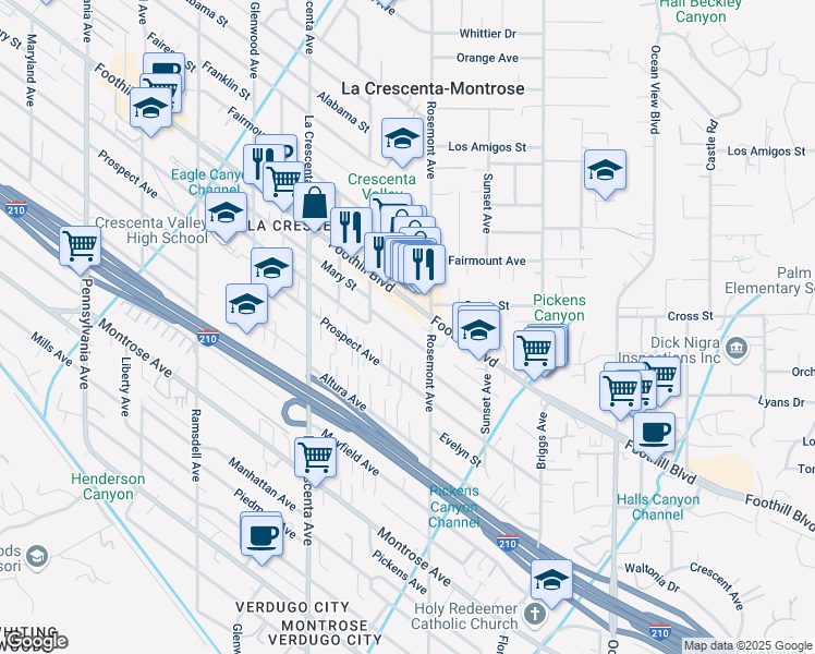 map of restaurants, bars, coffee shops, grocery stores, and more near 2633 Mary Street in La Crescenta-Montrose