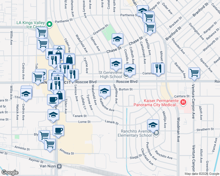 map of restaurants, bars, coffee shops, grocery stores, and more near 14125 Burton Street in Los Angeles