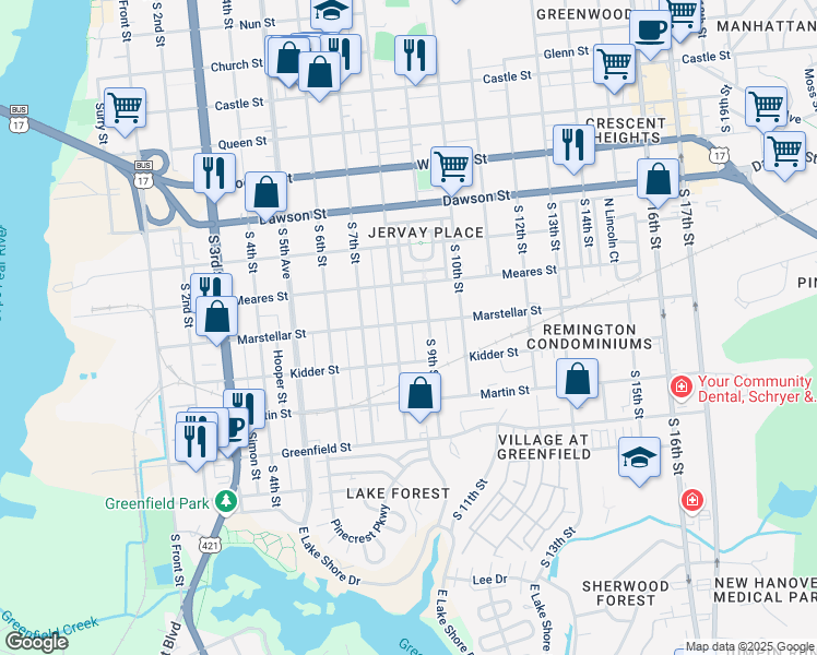 map of restaurants, bars, coffee shops, grocery stores, and more near 806 Marstellar Street in Wilmington
