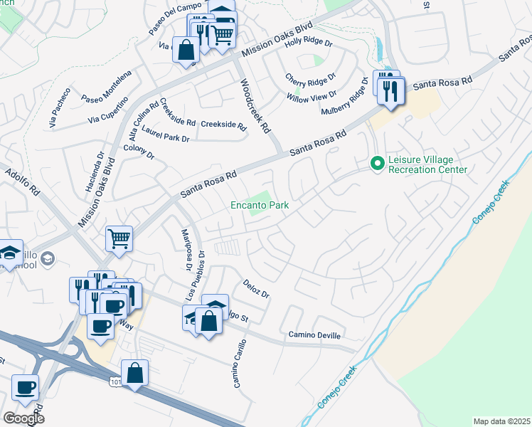 map of restaurants, bars, coffee shops, grocery stores, and more near 3223 Village 3 in Camarillo