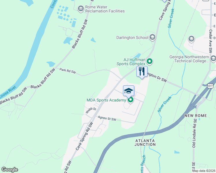 map of restaurants, bars, coffee shops, grocery stores, and more near 1300 Cave Spring Road Southwest in Rome
