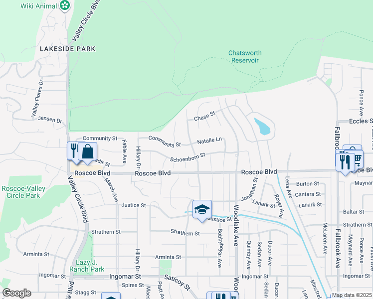 map of restaurants, bars, coffee shops, grocery stores, and more near 23408 Community St in Los Angeles