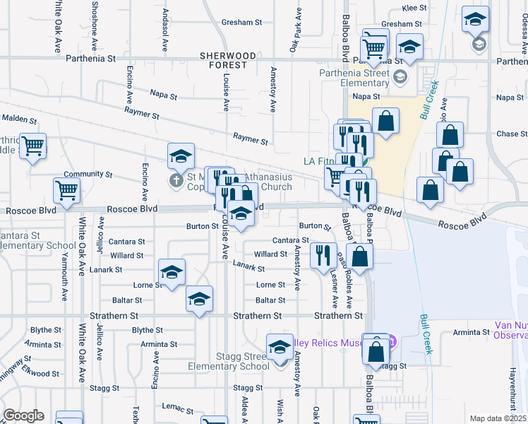 map of restaurants, bars, coffee shops, grocery stores, and more near 17200 Roscoe Boulevard in Los Angeles