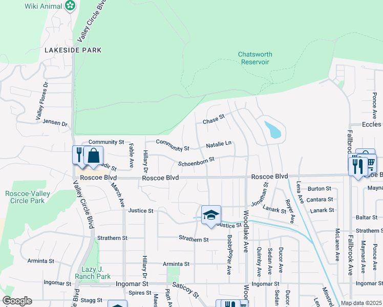 map of restaurants, bars, coffee shops, grocery stores, and more near 23416 Community Street in Los Angeles