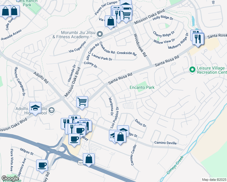 map of restaurants, bars, coffee shops, grocery stores, and more near 337 Nueve Court in Camarillo