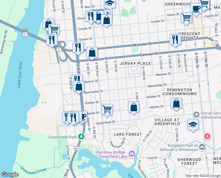 map of restaurants, bars, coffee shops, grocery stores, and more near 1121 South 6th Street in Wilmington