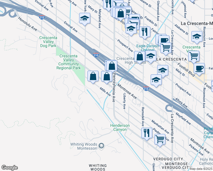 map of restaurants, bars, coffee shops, grocery stores, and more near 3216 Honolulu Avenue in Glendale