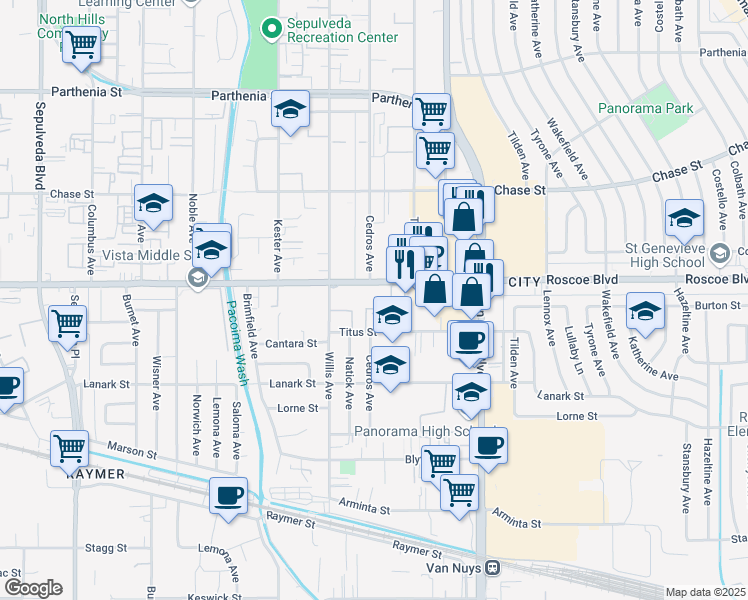 map of restaurants, bars, coffee shops, grocery stores, and more near 14700 Roscoe Boulevard in Los Angeles