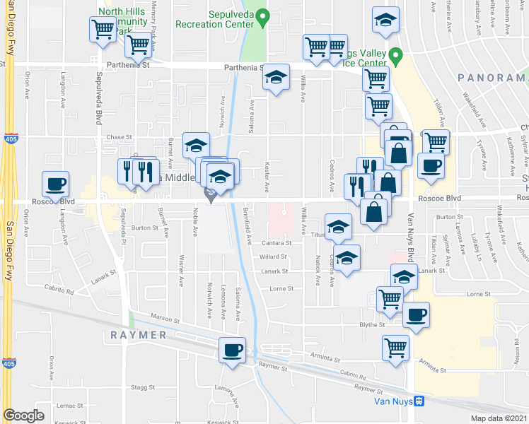 map of restaurants, bars, coffee shops, grocery stores, and more near 14902 Roscoe Boulevard in Los Angeles