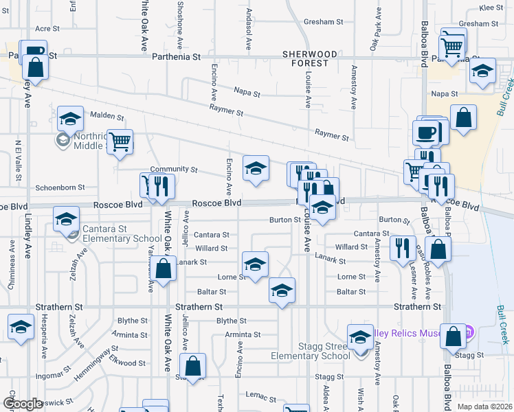 map of restaurants, bars, coffee shops, grocery stores, and more near 17442 Roscoe Boulevard in Los Angeles