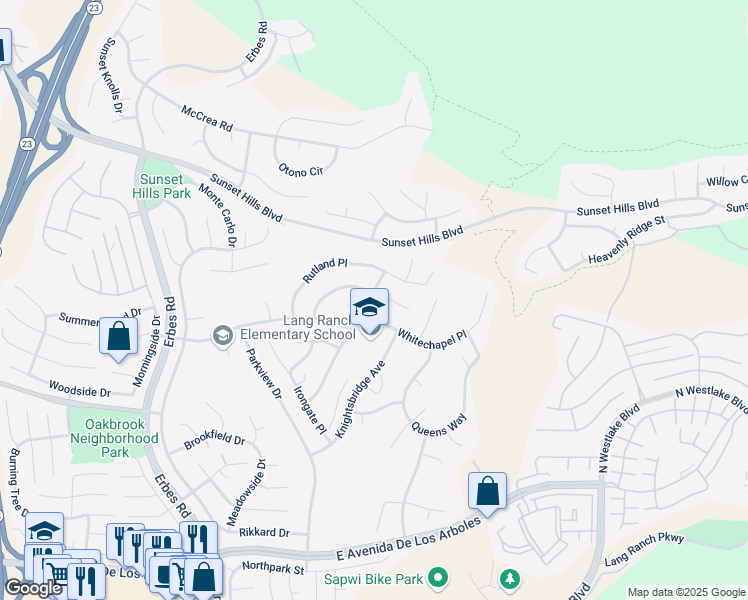 map of restaurants, bars, coffee shops, grocery stores, and more near 2404 Gillingham Circle in Thousand Oaks