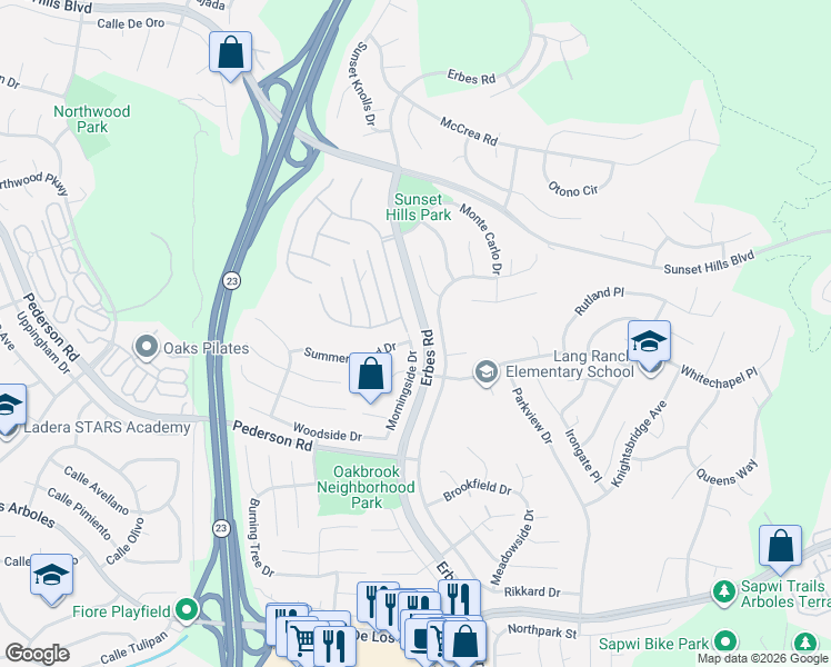 map of restaurants, bars, coffee shops, grocery stores, and more near 3120 Morningside Drive in Thousand Oaks