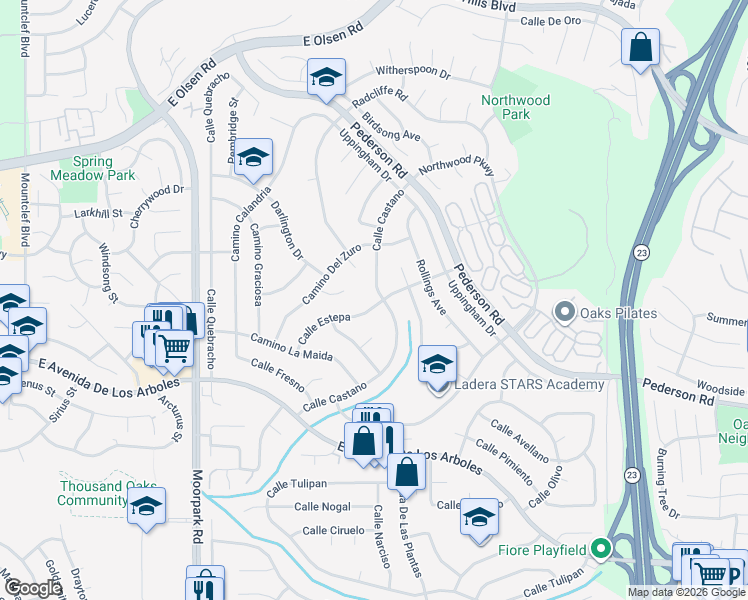 map of restaurants, bars, coffee shops, grocery stores, and more near 3138 Calle Estepa in Thousand Oaks