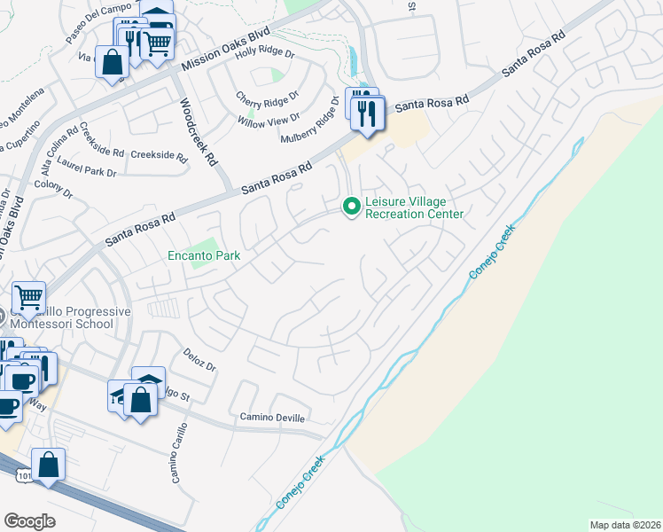 map of restaurants, bars, coffee shops, grocery stores, and more near 6141 Village 6 in Camarillo