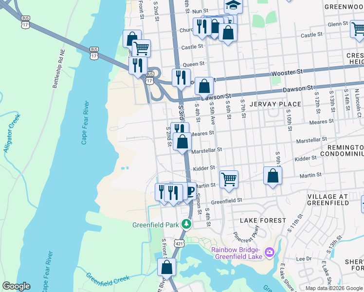 map of restaurants, bars, coffee shops, grocery stores, and more near 1118 South 3rd Street in Wilmington