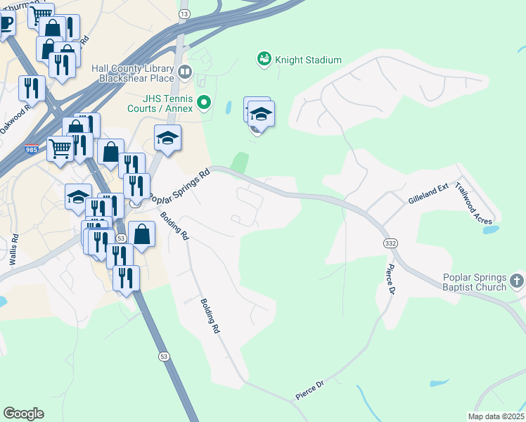 map of restaurants, bars, coffee shops, grocery stores, and more near 3426 Abbey Way in Gainesville
