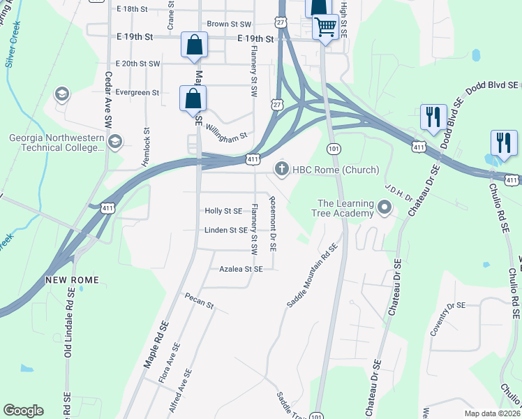 map of restaurants, bars, coffee shops, grocery stores, and more near 2407 Flannery Street Southwest in Rome