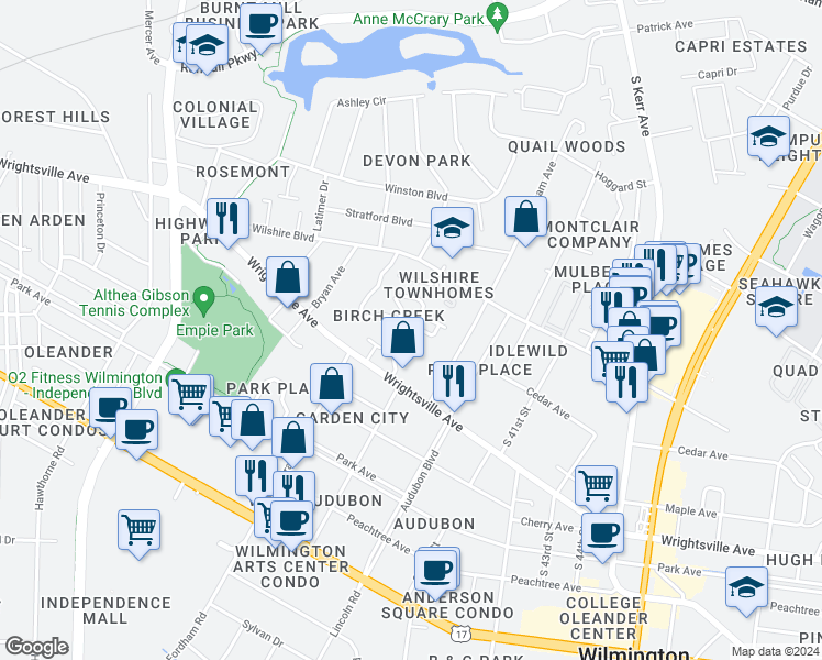 map of restaurants, bars, coffee shops, grocery stores, and more near 2004 Albert Circle in Wilmington