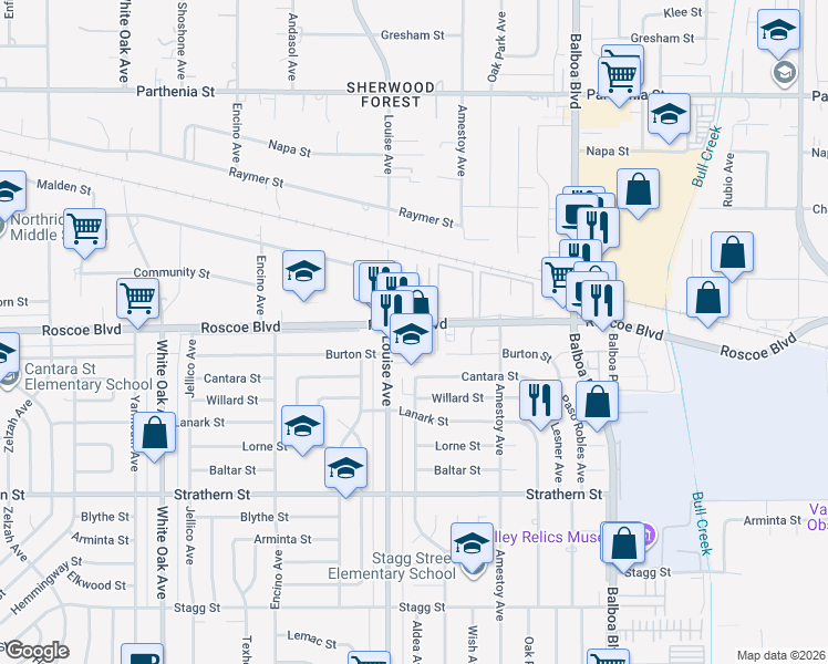 map of restaurants, bars, coffee shops, grocery stores, and more near 8238 North Sharuzi Lane in Los Angeles