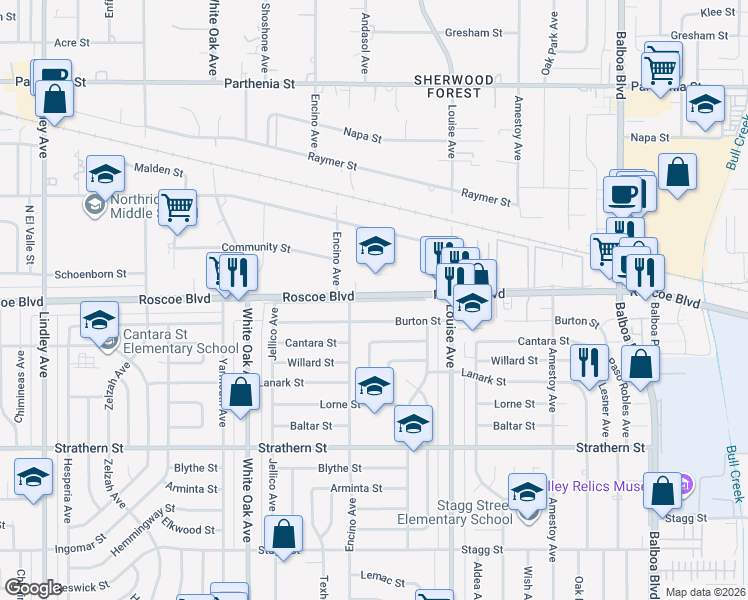 map of restaurants, bars, coffee shops, grocery stores, and more near 17428 Roscoe Boulevard in Los Angeles
