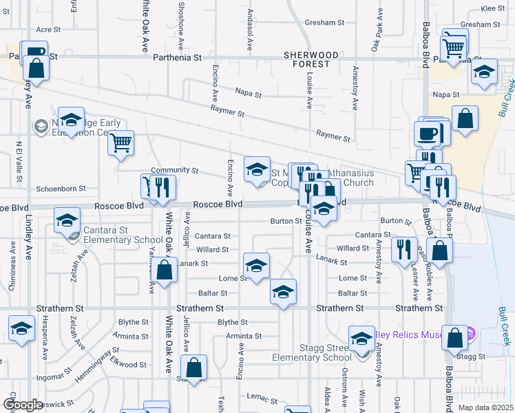 map of restaurants, bars, coffee shops, grocery stores, and more near 17426 Roscoe Boulevard in Los Angeles